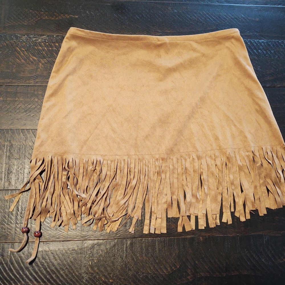 Mini skirt suede tan with fringes size M